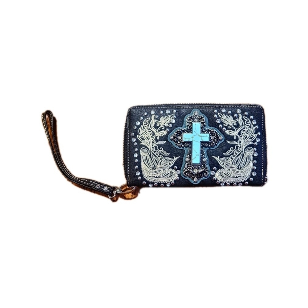 Western Turquoise Cross Studded Wristlet Wallet Black Embroidered Cowgirl Clutch